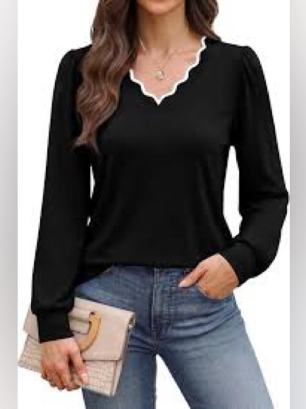 Zaful Black V-Neck Long Sleeve Top with Contrast Trim